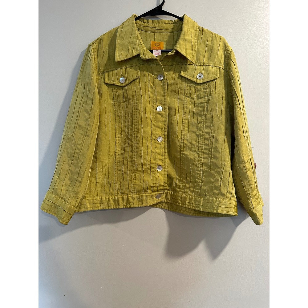 Ruby Rd Womens Chartreuse Yellow Green Crinkle Texture Button Front Jacket Sz 16